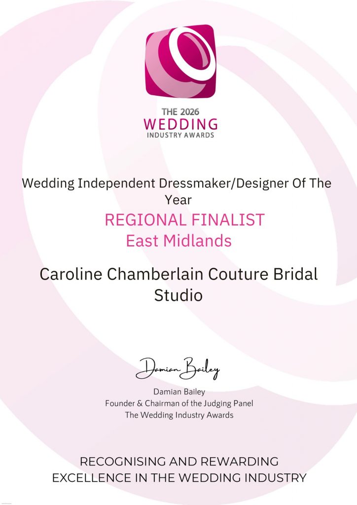 Wedding Industry Awards Certificate for Independent dressmaker and designer of the year 2026 regional finalist East Midlands