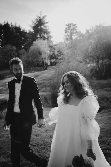 Bride and groom in 70s stye dress
